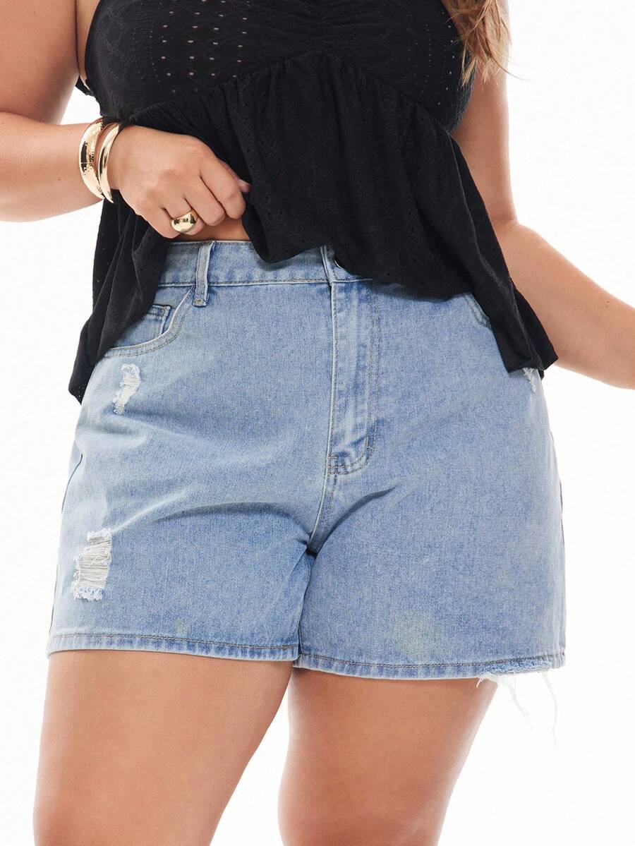 Solavibe Shorts en mezclilla desgarro con bolsillos oblicuos - Lavado ligero - Ver 1