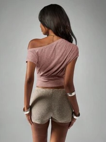 MISSGUIDED Áo crop top tay ngắn hở vai nhún bèo cho nữ mùa hè xuân, áo crop top có thắt eo - Màu nâu  Mocha - Xem 2