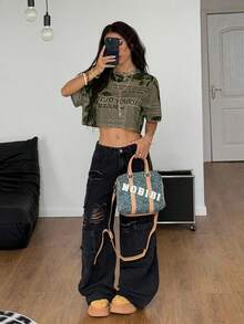 Coolane 报纸印花圆领休闲网眼短袖上衣 - 綠色 - 查看 2