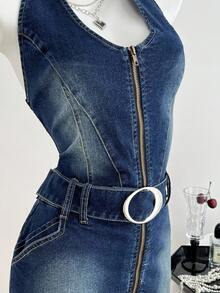 Elamini 女式拉链挂脖系腰修身无袖牛仔连衣裙 - 深色水洗藍 - 查看 3