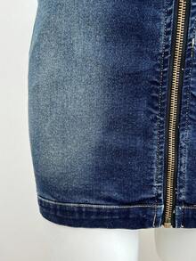 Elamini 女式拉链挂脖系腰修身无袖牛仔连衣裙 - 深色水洗藍 - 查看 4