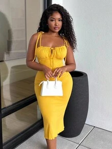 Alexandranx Tie Front Ruched Bust Tie Shoulder Cami Dress,Summer Dresses For Women,Pastel Dresses For Women