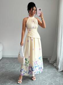 Rafferiza 女式夏季新款露背印花休闲优雅连衣裙 - 黃色 - 查看 6