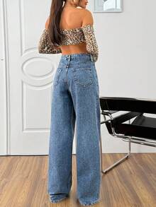 EURMUSE QUẦN DENIM THẲNG CAO CỠ THƯỜNG - Rửa trung bình - Xem 3