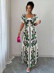 Elenzga 女士优雅休闲舒适时尚迷人波西米亚浪漫度假午后夏日派对节日荷叶边短袖腰部 A 字下摆花卉印花长裙 - 綠色 - 查看 4