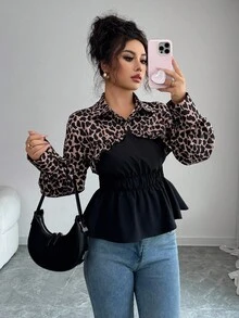 Elenzga Elegancka koszula biurowa z długim rękawem i nadrukiem w panterkę - Czarne - Zobacz 6