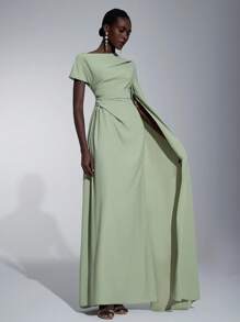 Elitara Elegant Asymmetric Sleeve Ruffle Hem Long Sleeve Dress, Suitable For Wedding, Party, Date, Formal Bridesmaid Event