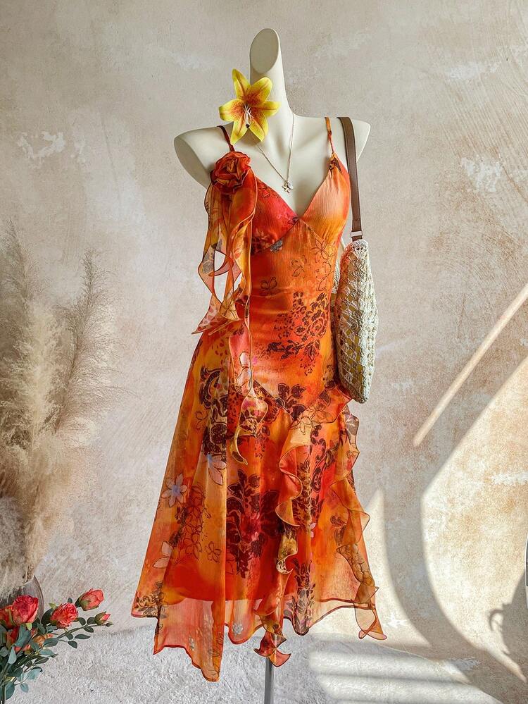 Soleia Vestido de Chiffon Brilhante com Estampa Retrô Boêmia de Animal, Tingimento por Amarração, Babado de Água-Viva e Floral 3D - Multicolorido - Visão 10