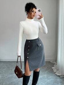 Elenzga Women's Solid Color Knee-Length Side Slit Hem Button Design A-Line Skirt - Dark Grey - View 3