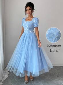 Elenzga Váy lưới thêu họa tiết cổ vuông thanh lịch cho nữ, mùa xuân/hè - Màu xanh lam - Xem 1