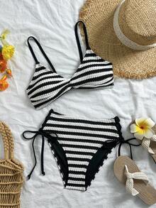 Swim Basics Women's Jacquard Fabric Twist Knot V-Neck Tie Bikini Set, Sexy Beach Vacation - Black and White - View 3