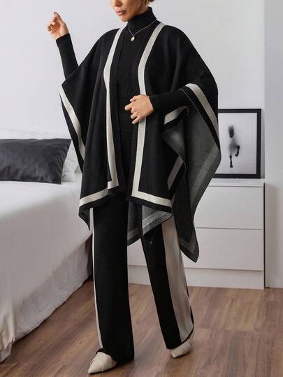 EURMUSE Casual Turtle Neck Solid Color Knit Top & Oversize Pattern Jacquard Cozy Warm Touch Batwing Poncho & Side Stripe Wide Leg Color Block Knit Pants 3 Pieces Set For Women Outfits Abaya Set Suit Set For Woman Blouse And Pants Set Cape Abaya Womens Pantsuit Halloween