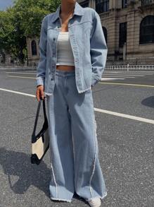 DAZY Distressed Slim Fit Denim Jacket & Wide Leg Jeans Set - Dark Wash - View 4