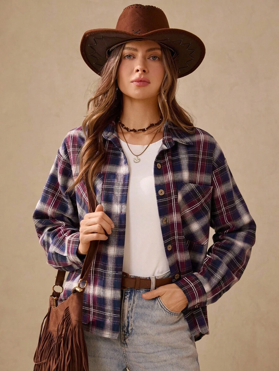 Wildy New Autumn American Country Western Plaid Long Sleeve Shirt, Purple Plaid Button Up Shirt, Western Button Up Shirt, 2000s Country Concert Western Wear Country Teacher - Purple - View 1