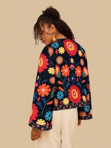 SHEIN VCAY 大码休闲花卉印花梭织喇叭袖宽松常规女式衬衫，喇叭袖上衣 - 黑色 - 查看 2