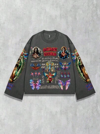 ROMWE MEN Street Life Men's Streetwear Graphic Print Pullover Hoodie, Suitable For Spring/Summer Everyday Wear, Fall