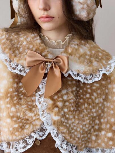 ROMWE Avant Women's Vintage Mori Style Mori Kei Cottagecore Retro Deer Pattern Fluffy Peter Pan Collar Lace Patchwork Ribbon Bow Cloak Jacket