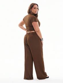 Solavibe Plus Size Texture Knit T-Shirt & Long Pants Casual Pleated Drawstring 2pcs Set 2 Piece Sets Woman - Coffee Brown - View 3