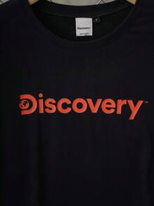 Discovery X SHEIN 女式休闲时尚街头风格美国动物与字母图案宽松 T 恤，夏季 - 黑色 - 查看 4