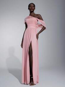 Elitara Elegant Romantic Chiffon Asymmetrical Shoulder Ruched Flounce Sleeve High Slit A-Line Hem Dress, Suitable For Wedding, Party, Date, Bridesmaid - Pink - View 5