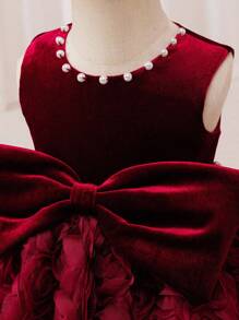 Glamorique Kids 3D Rose Embroidered Dress For Baby Girls, Christmas & Halloween, Bowknot & Beaded Decor, Children's Party & Performance Outfit,Christmas Dress Fall Winter