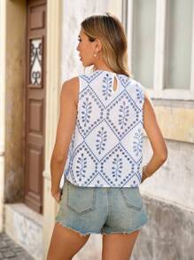 Brillora 女士夏季圆领蓝白纹理刺绣休闲度假无袖衬衫 - 藍白色 - 查看 2