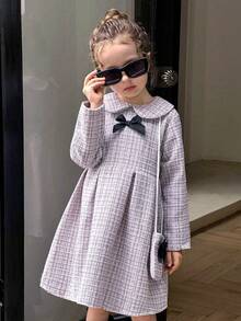 Young Girl Cute White Peter Pan Collar Long Sleeve Textured High Waist Short Dress With 3D Bow&Matching Bag,Back-To-School Autumn 7th Birthday Fall - Grey - View 3