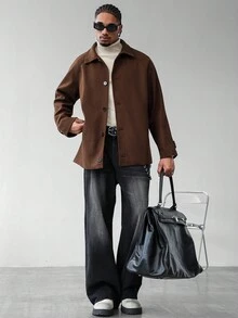 Manfinity Homme 男士纯色插肩袖单排扣休闲大衣，送给男友的绝佳礼物，返校季男士棕色衬衫式夹克，男士外套，复古风格，秋冬款 - 咖啡棕 - 查看 4