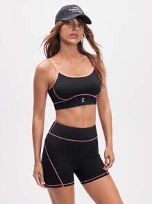 Eassivo Eassivo Women's Black Two Piecs Sports Set With Pink Contrast Lines And Reflective Logo For Yoga And Fitness - Multicolor - View 1