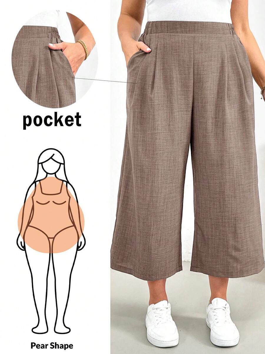 SHEIN Essnce Plus Size Women's Spring And Summer Fashion Casual Loose And Comfortable Daily Elastic Waist Blue Wide-Leg Pants Cropped Pants,Baggy Pants ,Women Bottom,Capris For Women,European Summer,Work Pants