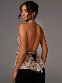 Athîral Women's Sexy Maple Leaf Print Backless Halter Top, Summer