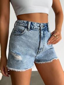 EURMUSE 100%Cotton Back Label Detailed Short With Destroy Summer Outfits For Women - Medium Wash - View 3