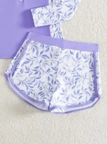 Tween Girl Zipper Printed Patchwork Long Sleeve Swimwear And Swim Shorts Summer Holiday