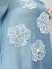 SHEIN Najma 女式宽松长袖蓝色阿拉伯风格串珠花卉连衣裙 - 藍色 - 查看 5