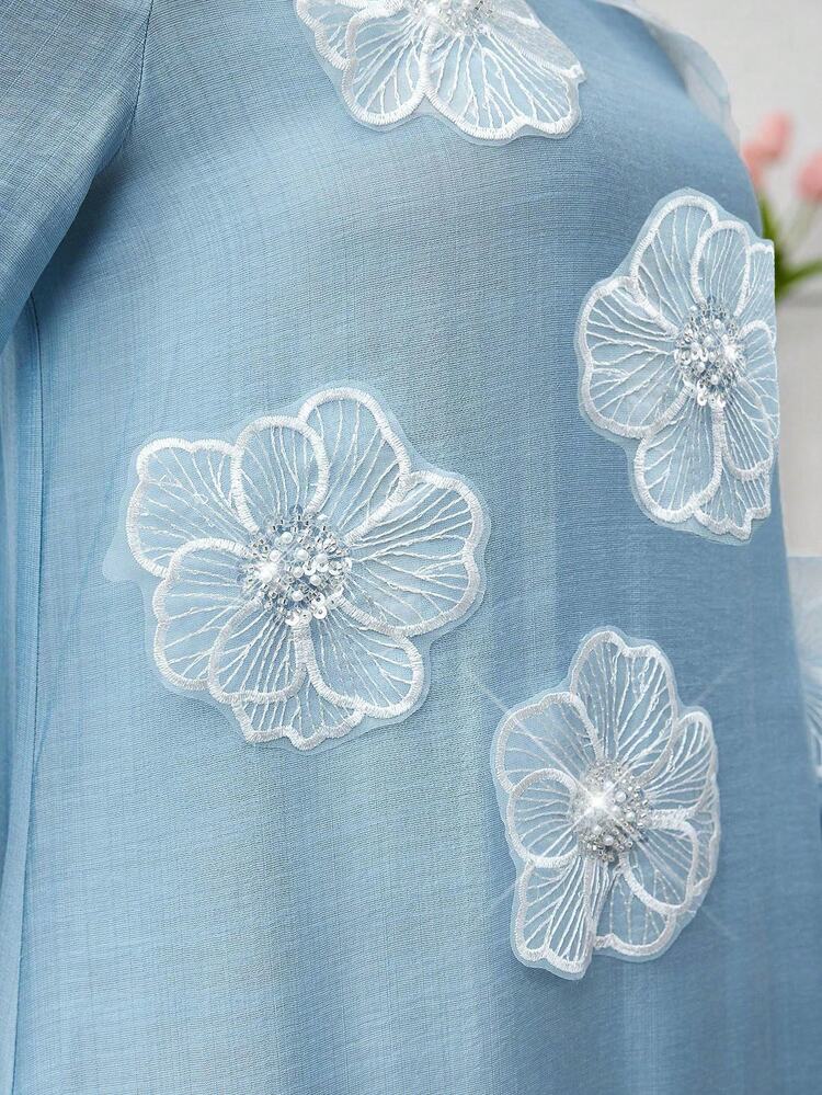 SHEIN Najma 女式宽松长袖蓝色阿拉伯风格串珠花卉连衣裙 - 藍色 - 查看 5