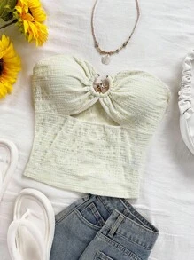 Soleia Women's Vacation Starfish Texture Hollow Out Bandeau Crop Top, Sexy For Party, Date, Afternoon Tea, Beach, Summer