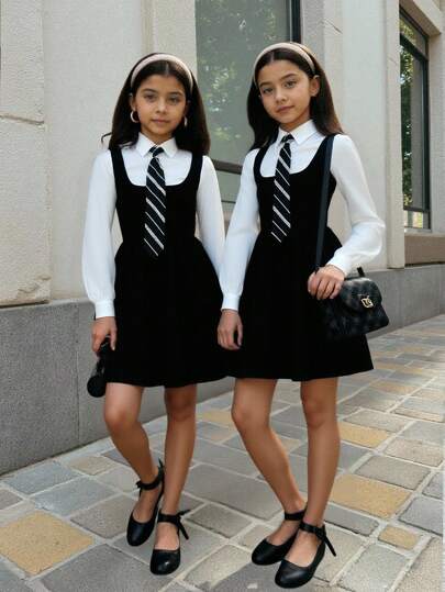 SHEIN Tween Girl Casual Daily School Tie Collar White Fitted Blouse + A-Line Dress 2-Piece Set, Back To School, Blouse + Dress With Tie