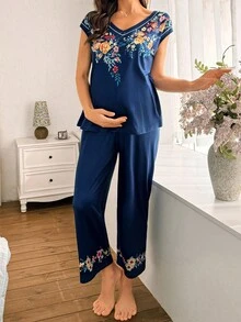 Moonlight&Mama Moonlight & Mama Vintage Print V-Neck Short Sleeve Casual Maternity Pajama Set - Navy Blue - View 6