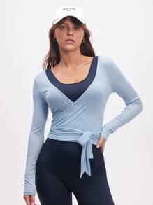 Eassivo Eassivo Women's Casual Lightweight Textured Tie-Front Long Sleeve Sports T-Shirt, Versatile For All Seasons Wrap Top Yoga Top Blue Activewear Top Light Blue Wrap Top Workout Top - Baby Blue - View 3