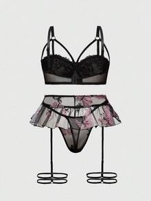 ROMWE Fairycore 3pcs/Set Plus Size Sexy Lingerie With Floral Embroidery - Black - View 2