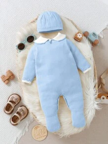 SHEIN Playful Pals Baby Girls Knit Jumpsuit With Vintage Twist Cord Collar, Long Sleeve Button Back Footied Jumpsuit, Soft & Comfy Suitable For Everyday, Outings, Travel, Vacation, Home, Daycare And Play