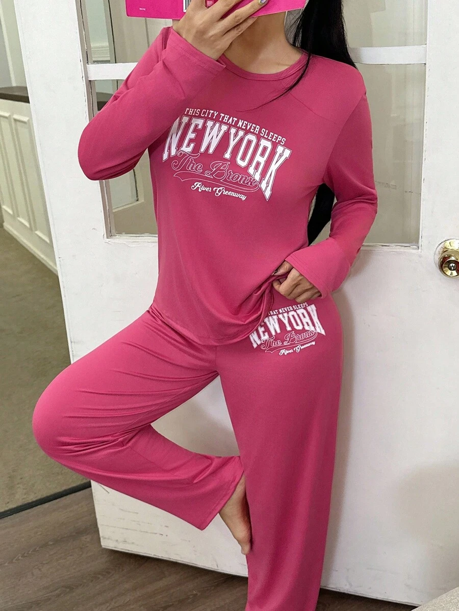 字母印花极简宽松长袖上衣和裤子女士睡衣套装，秋冬服装 - 玫紅色 - 查看 1