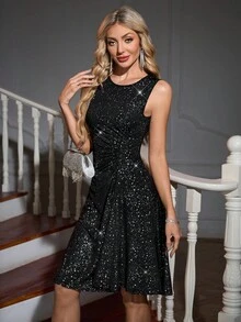 SHEIN Clasi 女士水钻装饰圆领无袖中长连衣裙，优雅夏日 - 黑色 - 查看 4