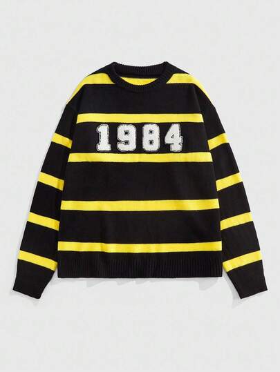 Street Life Men's Autumn Striped Numeric Embroidery Jacquard Knit Sweater