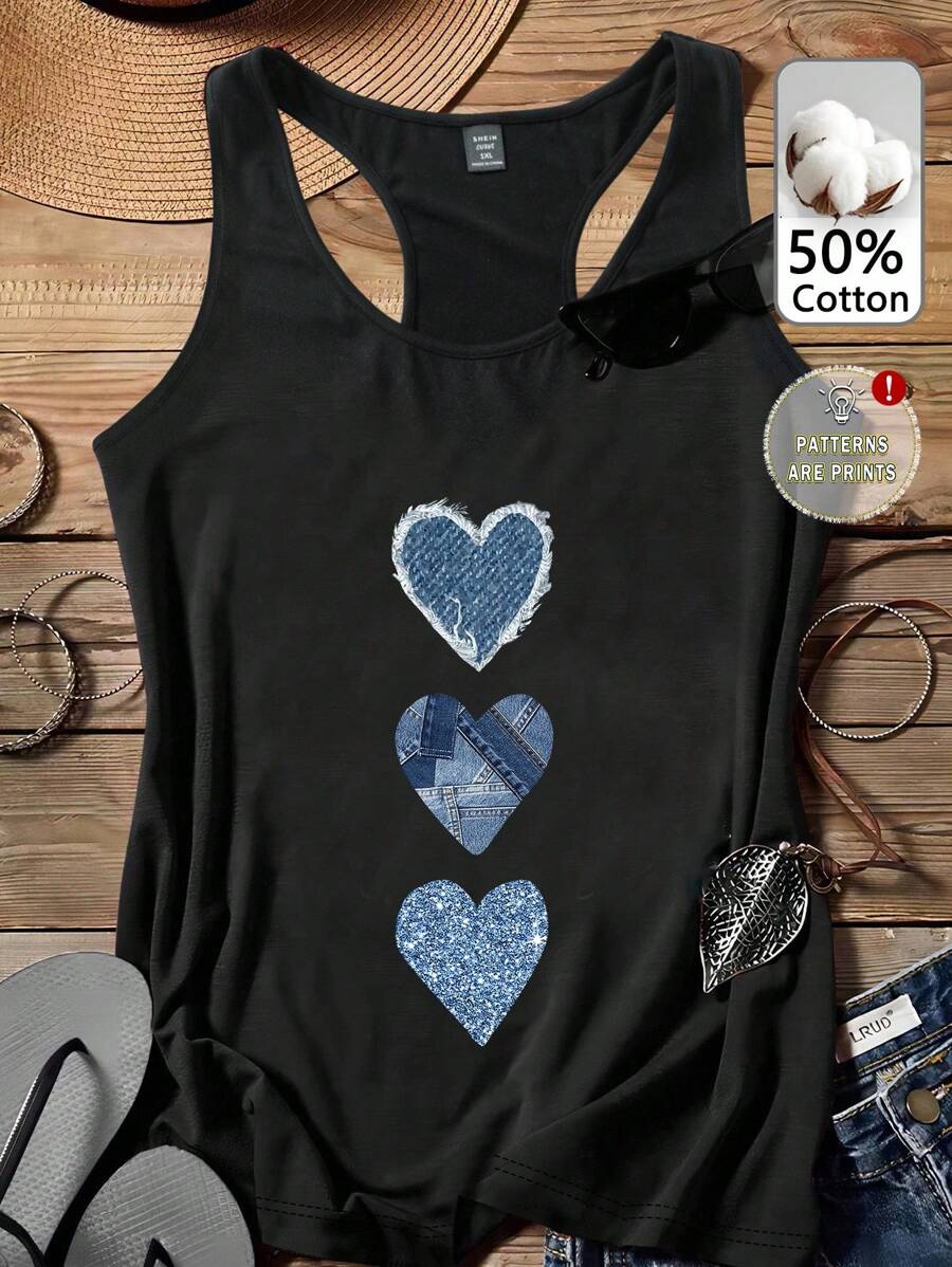SHEIN LUNE 休闲蓝色牛仔心形图案背心，50% 棉，复古风格