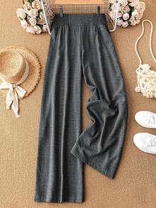 SHEIN Essnce Quần ống đứng cạp cao màu xanh dương, quần dài nữ, quần áo mùa thu, quần áo giáo viên, quần áo trở lại trường, quần ống rộng thoải mái cho nữ - Màu xám đen - Xem 7