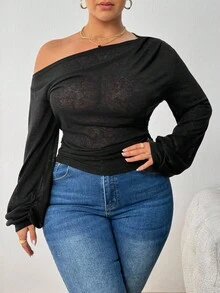 SHEIN PETITE CURVE Plus Size Women's Solid Color Slope Collar Long-Sleeved T-Shirt For Women Casual Loose Slouchy Style See-Through Blouse Beach Vacation Style Top For Women Off The Shoulder Top Long Sleeve Top One Shoulder Top Women Tops Puff Sleeve Top