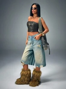 CasuGlow Women's Multi-Pocket Baggy Denim Shorts,Jorts, Casual Everyday - Blue - View 4