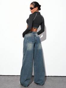 WOMEN WIDE LEG LOW WAIST DENIM JEANS Baggy Jeans Y2k Oversized Jeans Low Rise Jeans Loose Jeans Wide Leg Jeans Y2k Jeans Low Rise Jeans Y2k - Medium Wash - View 2