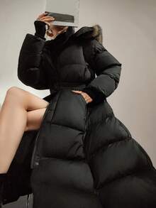 DAZY Women's Fashionable Fur Collar Hooded Jacket With Belt, Winter Long Puffer Coat Women Long Winter Coat Women Puffer Coat With Belt Winter Coat With Fur Hood Long Black Puffer Coat